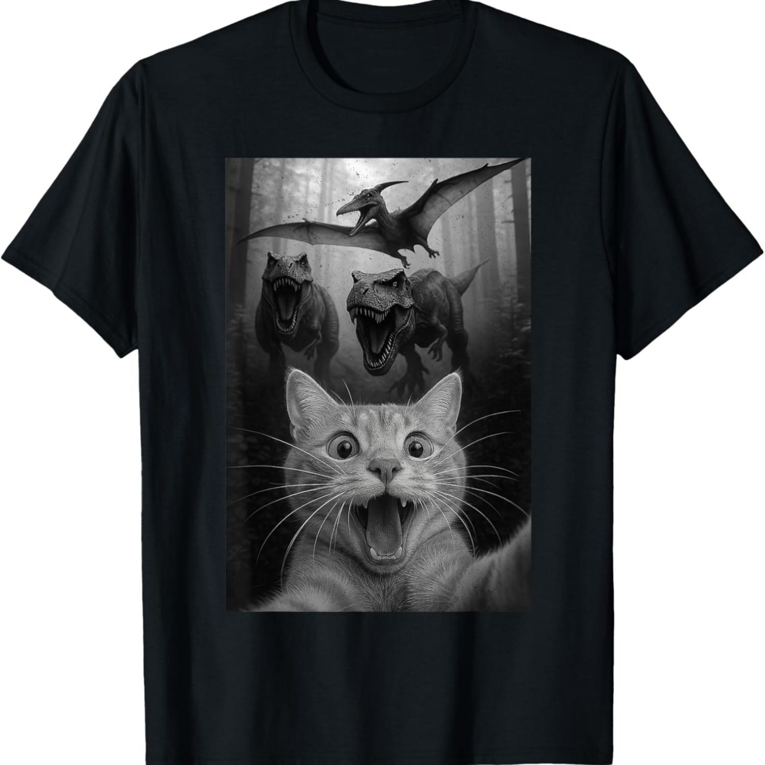 Cat Selfie With Funny Dinosaur Meme T-Shirt S чёрный