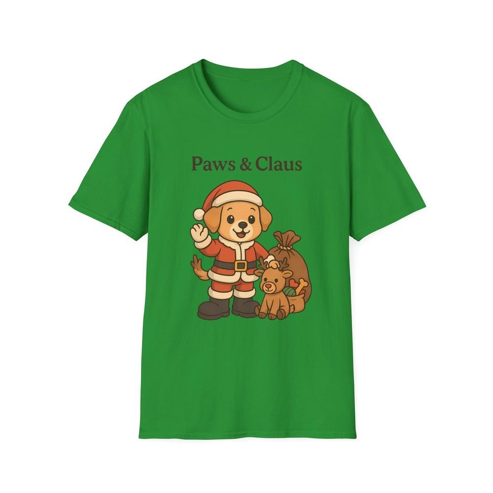 Unisex Softstyle T-Shirt Paws and Claus Funny Christmas Dog Reindeer Holiday Tee