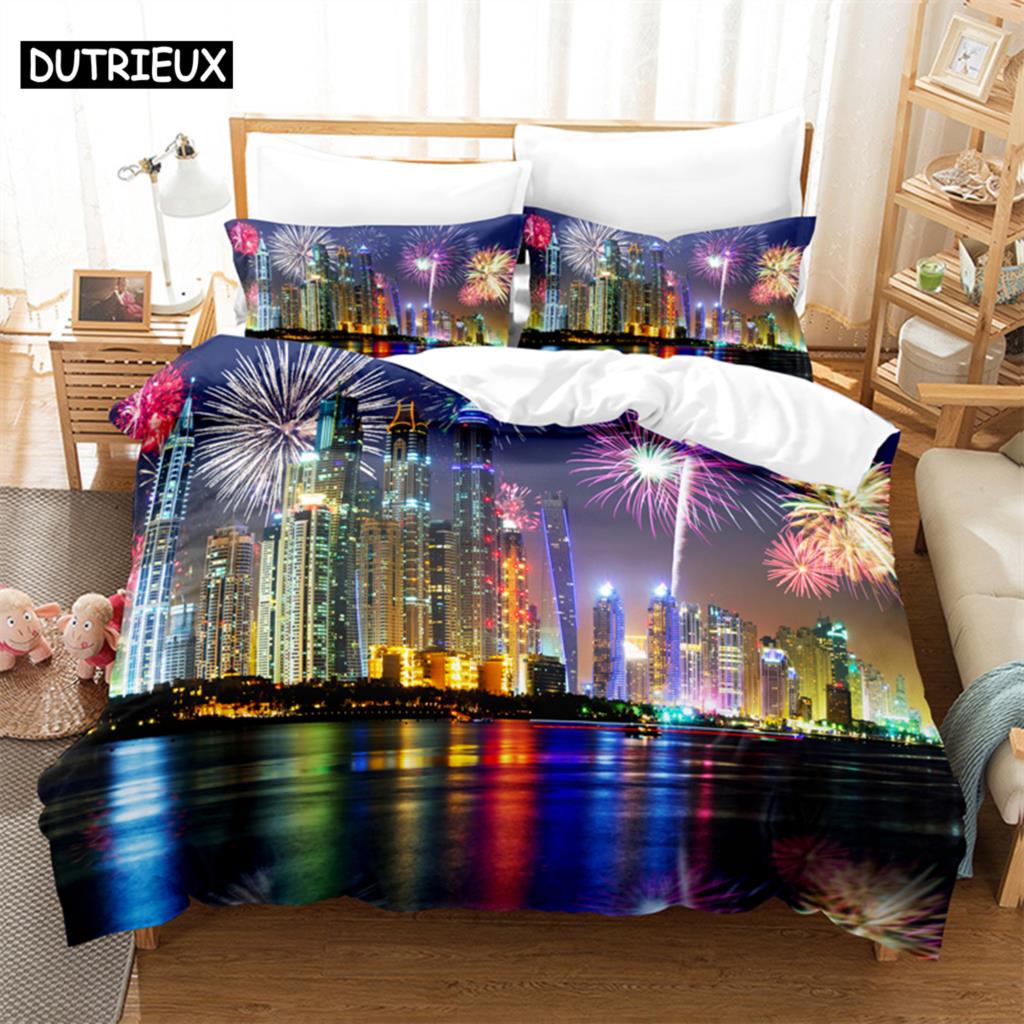 3D Digital Printing Fashion Design City Night Scene Beding Set, Quen Sized Dimensions Soft with Soft Fabric Duvet Cover Set