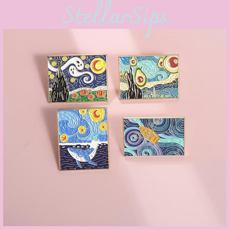 Stunning Van Gogh Inspired Oil Painting Metal Brooch Creative Starry Night Whale Design
