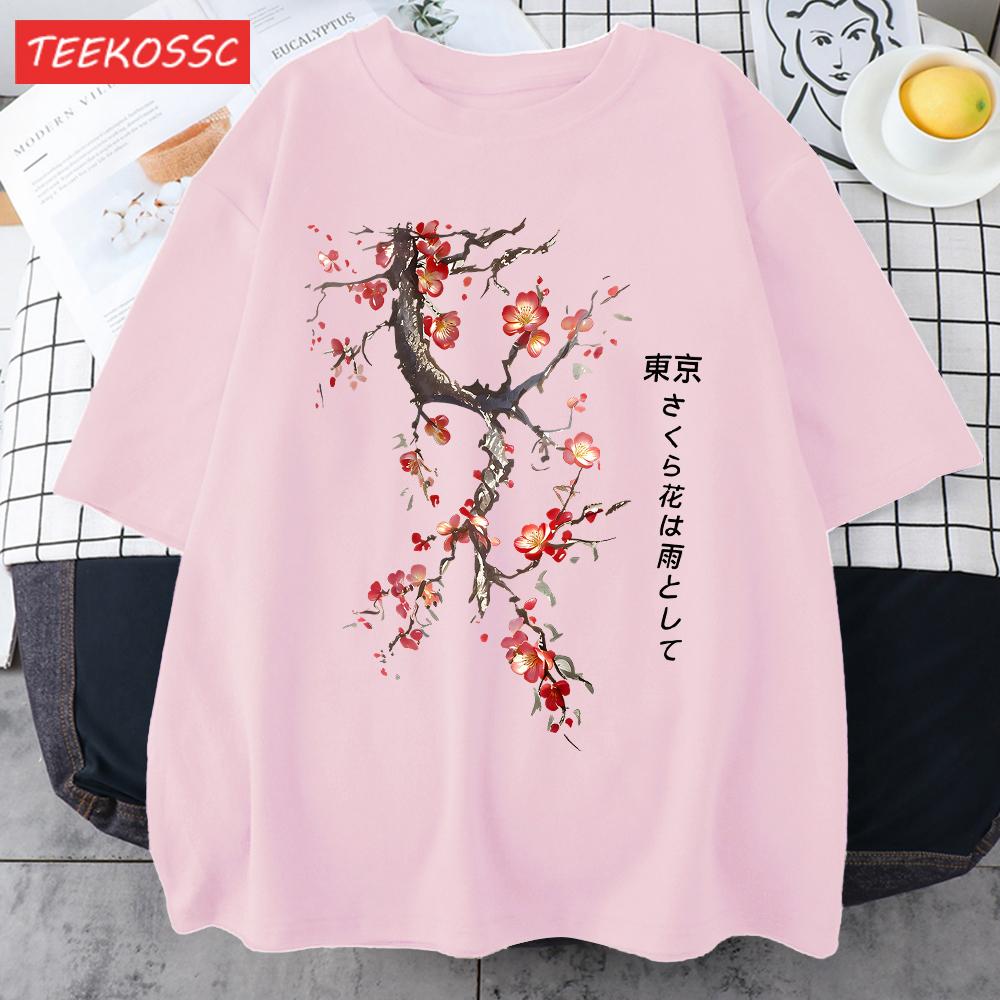 Cherry Blossoms And Rain In Tokyo Men Retro TShirt Casual Cotton Tee Loose Hip Hop Clothes Male ONeck Comfortable Short Sleeve