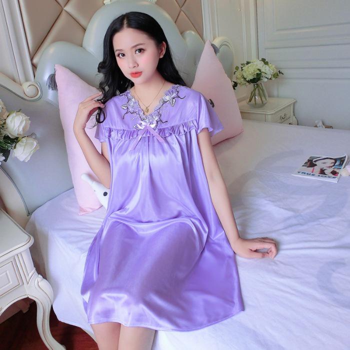 Plus Size Faux Silk Lace Nightgown: Women's Short Sleeve, Wide Hem, Loose Summer Pajamas