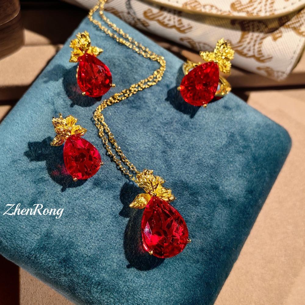 Women Jewelry Set Italian Vintage Brushed Yellow Drop Necklace Red Ring Green Gem Earrings