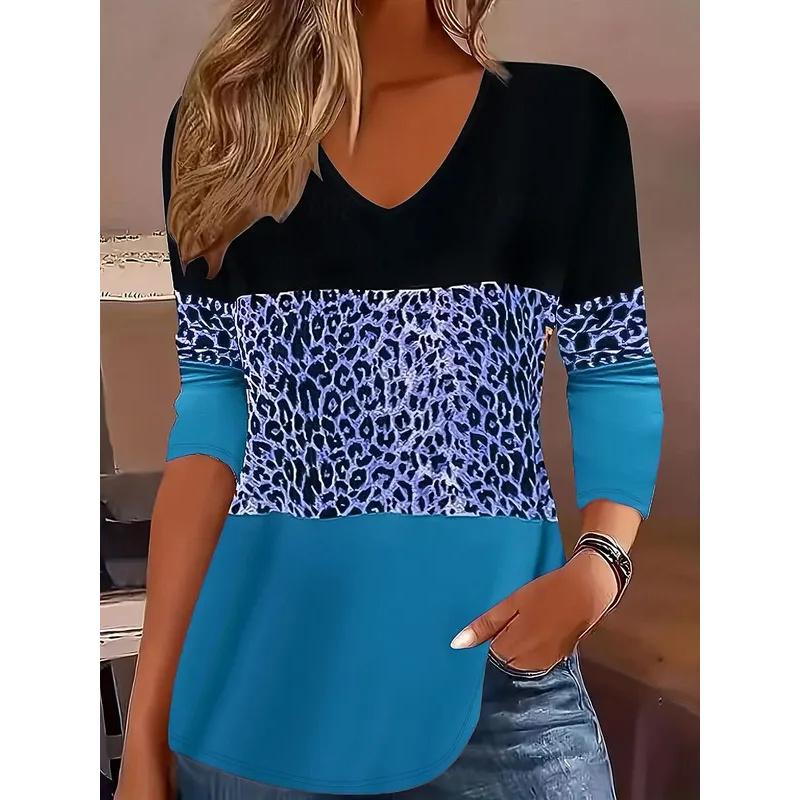 Spring and Autumn V-neck Leopard Color Block Pattern 3D Printed Top Fashionable Casual Long Sleeved Women's T-shirts