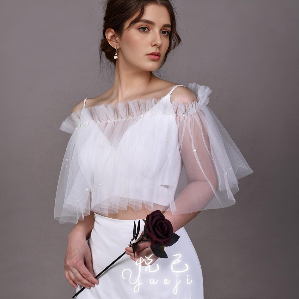 Pearl Tulle Off Shoulder Shrug Detachable Mesh Cape Wedding Dress Cover Up Bridal Photo Shoot Evening Party See-through Shoulder Wrap