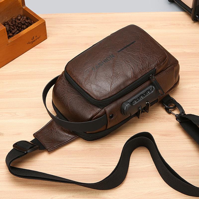 Men's Chest Bag Anti-theft USB Business Messenger Bag Multifunctional Water Repellent Shoulder Bag PU Commuter Backpack Men