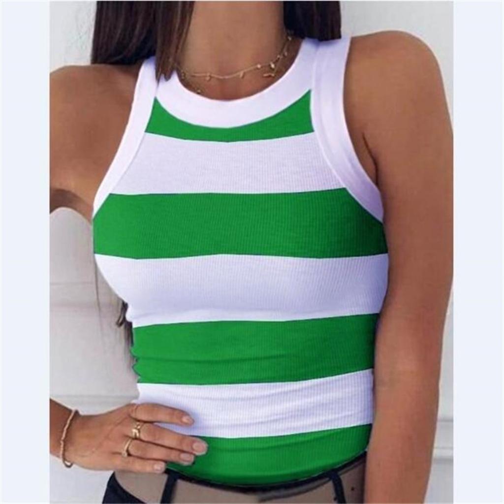 Women's Crew Neck Sleeveless Tank Top Slim Fit Striped Star Print Casual Camisole Tee