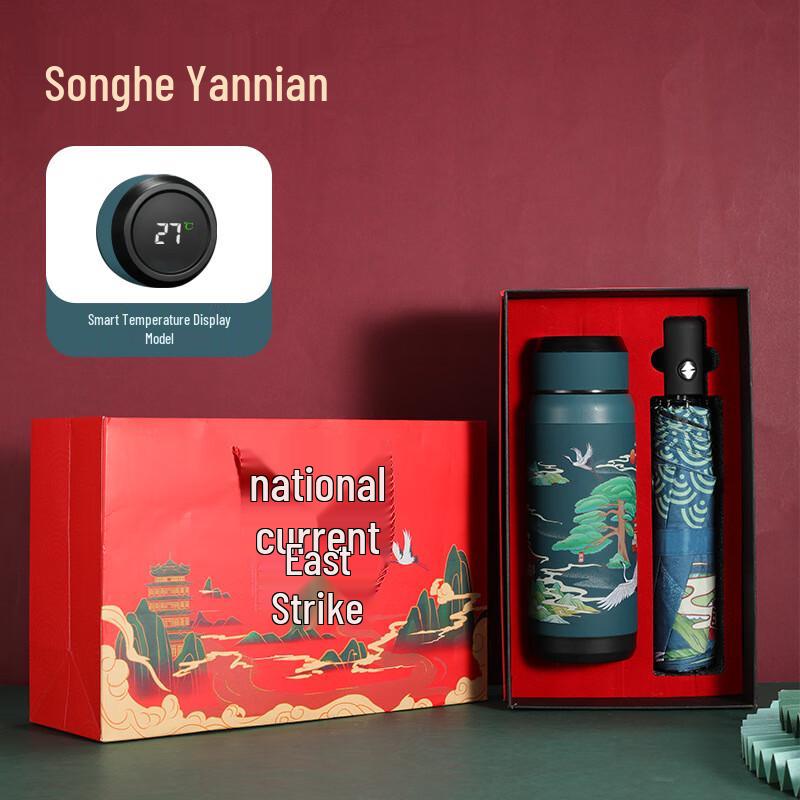 ZISIZ Smart Temperature Display Thermos & Automatic Umbrella Gift Set