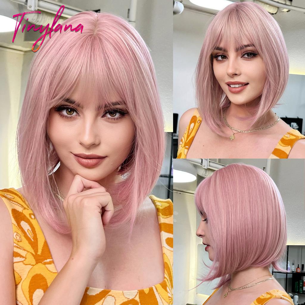Dark Brown Short Bob Synthetic Hair Wigs with Bangs Straight Cosplay Lolita Natural Wig for Women Afro Blunt Cut Heat Resistant