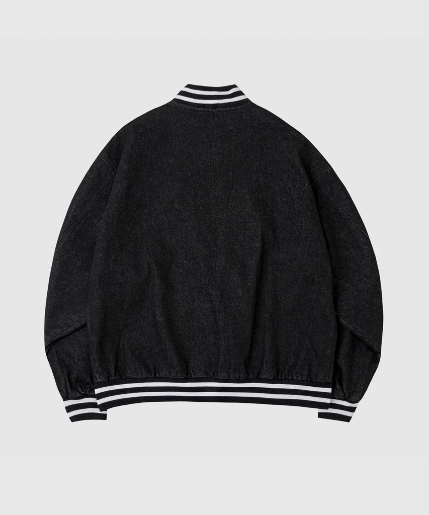 LETTERCOMO Round Pocket Denim Varsity Jacket Black