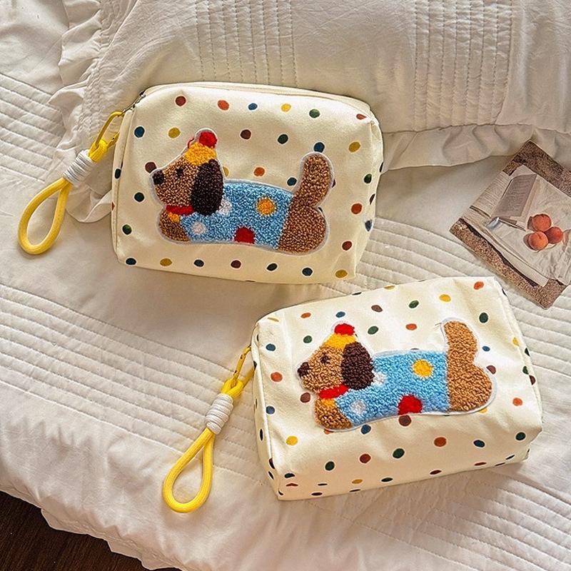 Cute Cartoon Dog Polka Dot Canvas Bag Large-capacity Portable Cosmetic Storage Bags for Travel Makeup Organizer Handbag for Girl