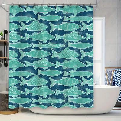 Blue Fish Print Shower Curtain Polyester Fabric Waterproof Bathroom Decor Wall Hanging Home Decor Accessories For Bathtub Enclos