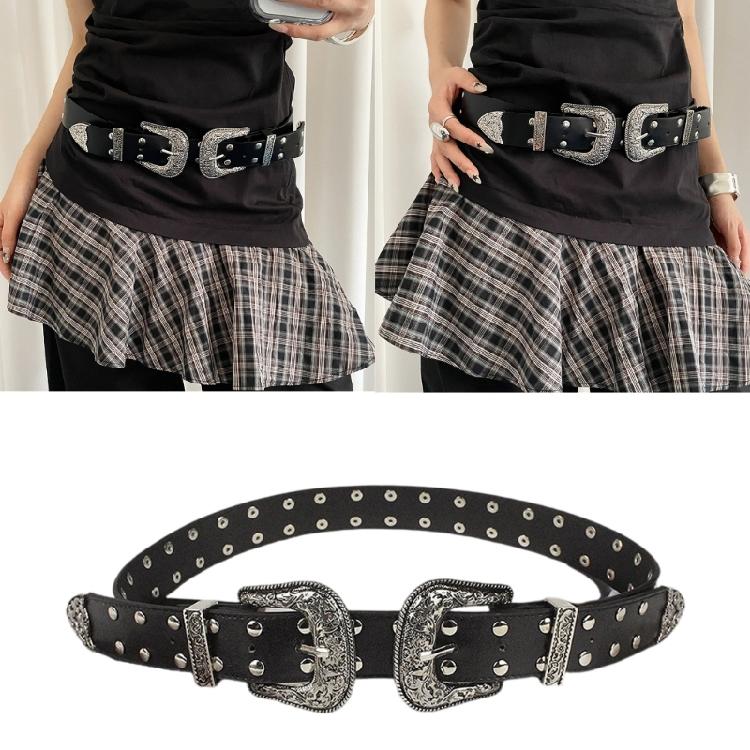 Retro Gothic Double Buckles Belt Rivets Studded Retro Punk Style PU Leather For Women