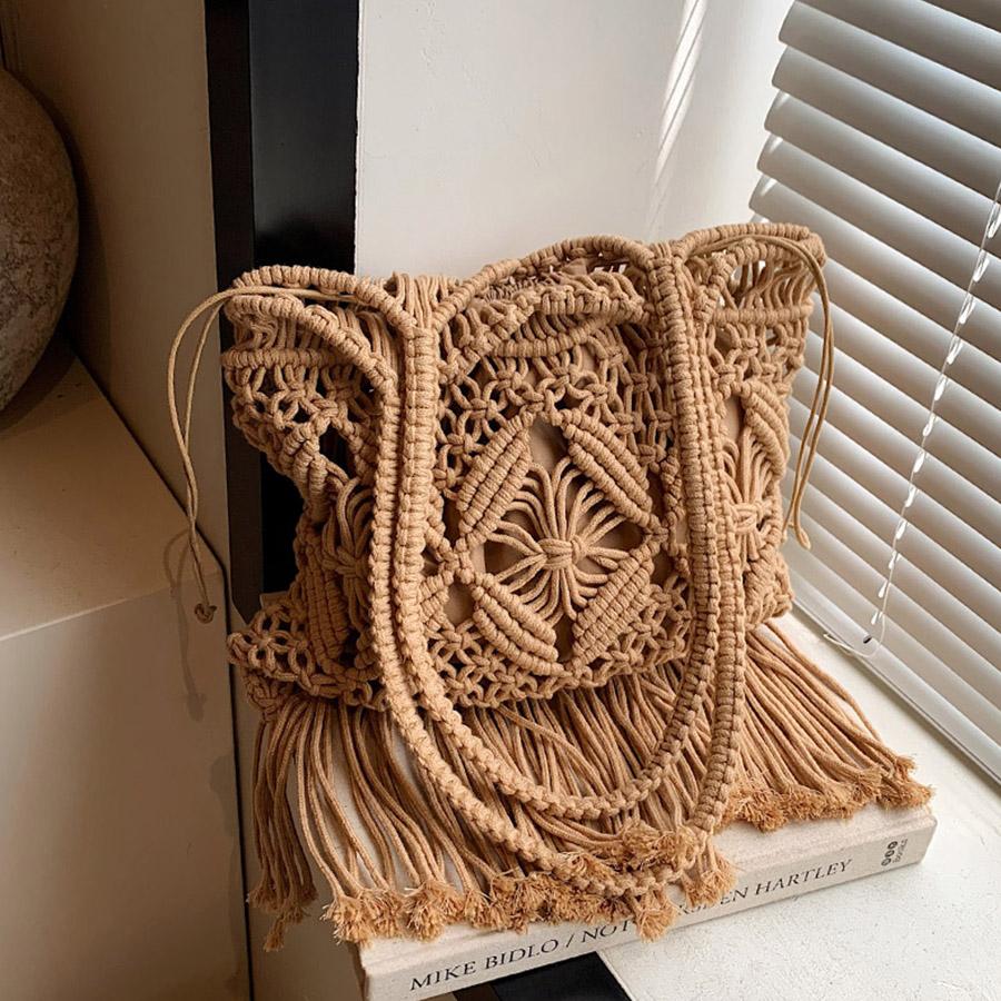 Summer Cott Thread Hollowed-Out Woven Single-Shoulder Bag Tassel Knitting Handbags Large Tote Beach Travel Shopper Purse Bolsa