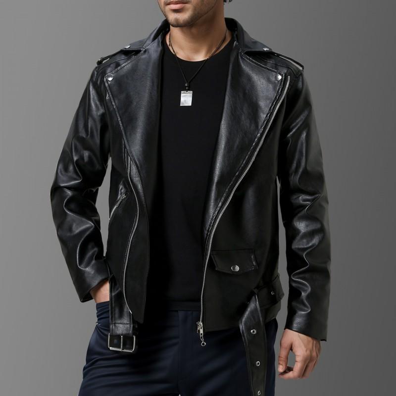 Mens Slim Fit PU Leather Biker Jacket With Lapel Collar Zipper Front Stylish Motorcycle Coat