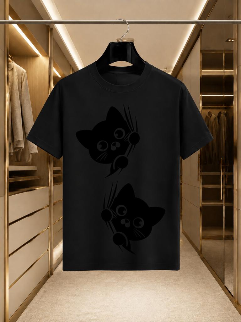 2026 New Arrival 100 Cotton Tshirt Cute Climbing Black Cat Cartoon Print Crew Neck Unisex Loose Fit Casual Short Sleeve