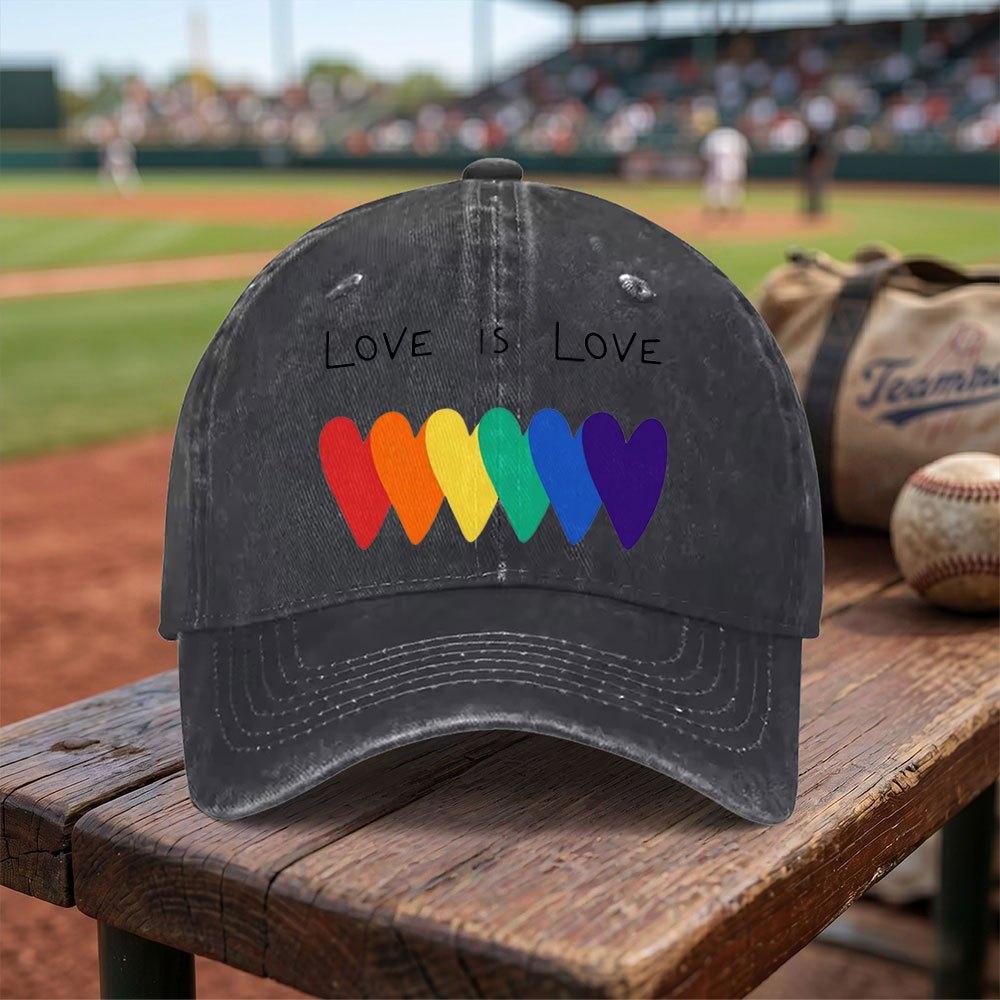 LOVE IS LOVE LGBTQ Pride Rainbow Heart Washed Baseball Cap Adjustable Buckle Lightweight Breathable Unisex
