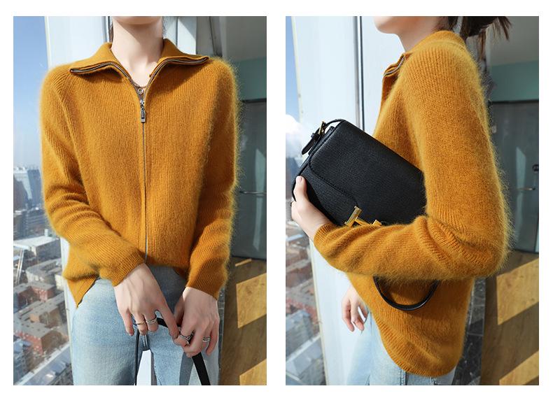 Lekasha 100% Mink Cashmere Zipper Knit Cardigan - Women's Loose, Versatile Autumn/Winter Outerwear