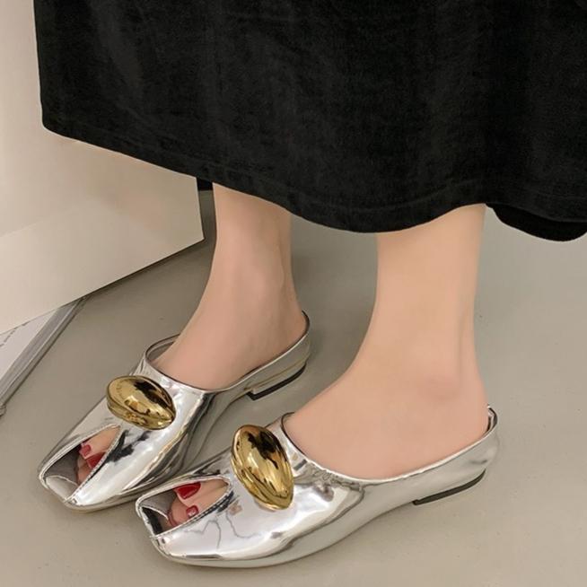 Fashion French Leopard Print Metal Buckle Square Toe Shallow Mouth Baotou Half Slippers Women's Spring and Summer New Slip-on Flats