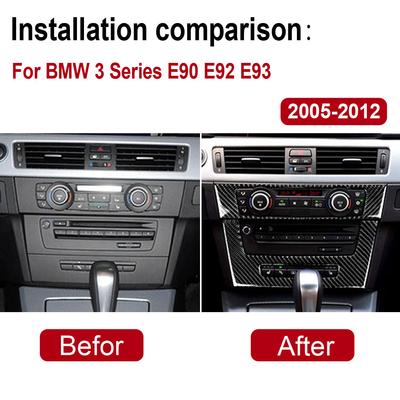 Adesivos Decorativos para Painel de CD e Ar Condicionado do Console Central para BMW Série 3 E90 E92 E93 2005-2012 Fibra de Carbono Verdadeira Carro