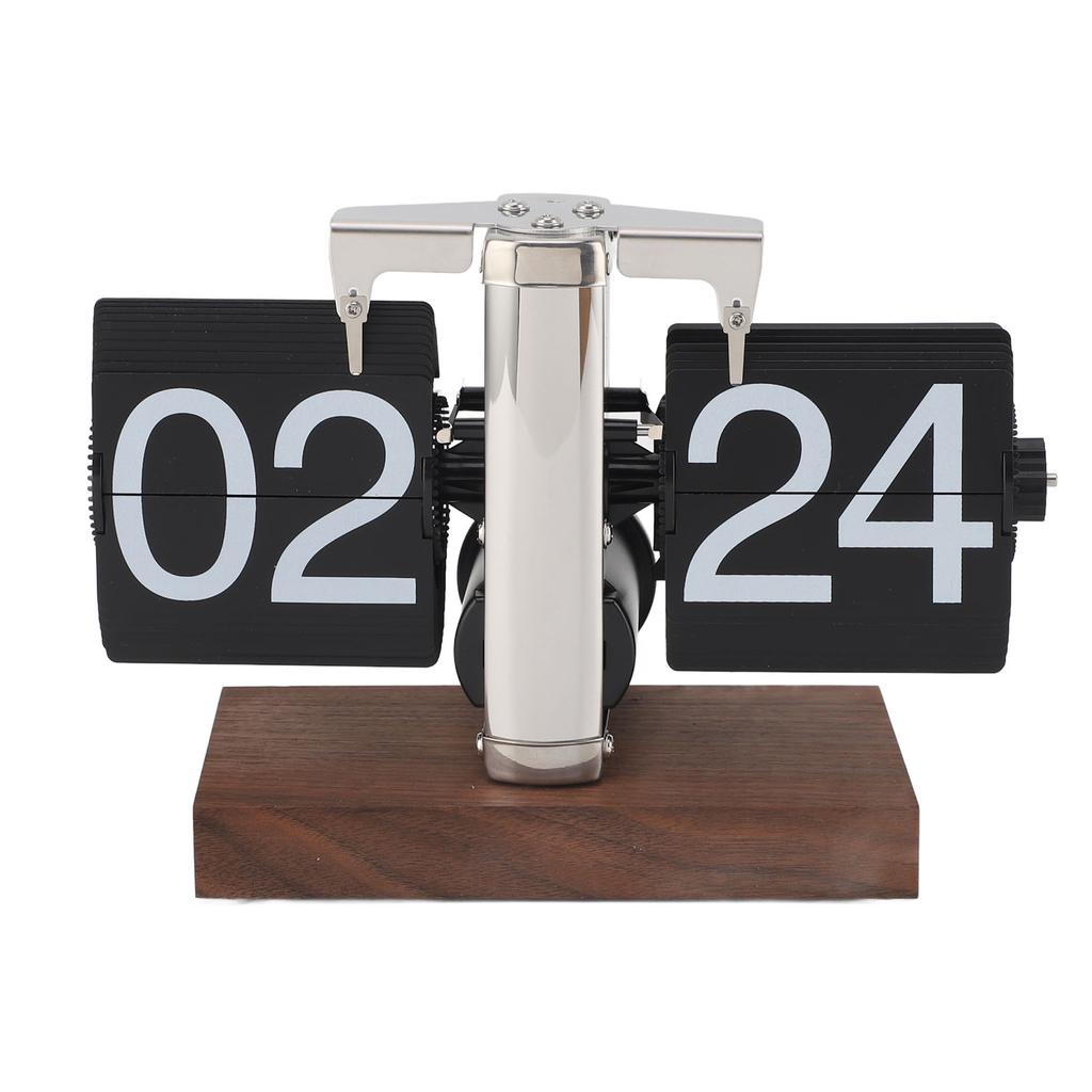 Flip Desk Clock Auto Mechanical Flip 24H Wood Base Stainless Steel Vintage Retro Digital Table Clock for Home Office