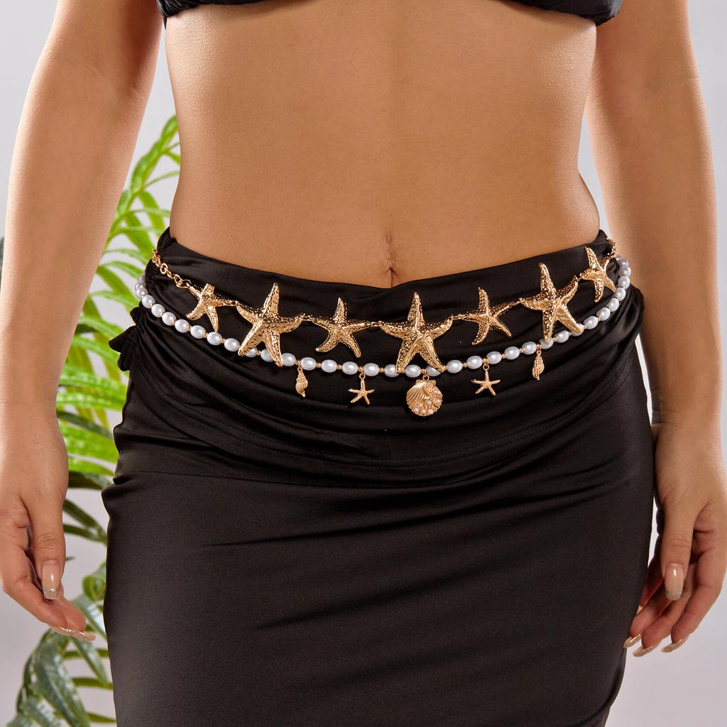 Double Layer Boho Starfish Conch Pendant Waist Belly Chain For Women Summer Beach Pearl Chain Bikini Belt Body Sexy Jewelry