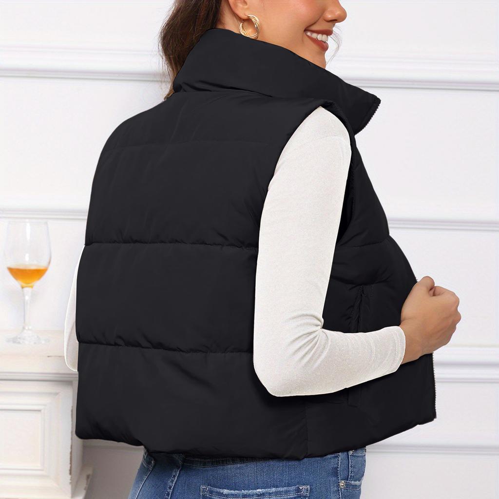 Women's Solid Color Fashionable Pocket Stand Up Collar Vest Jacket