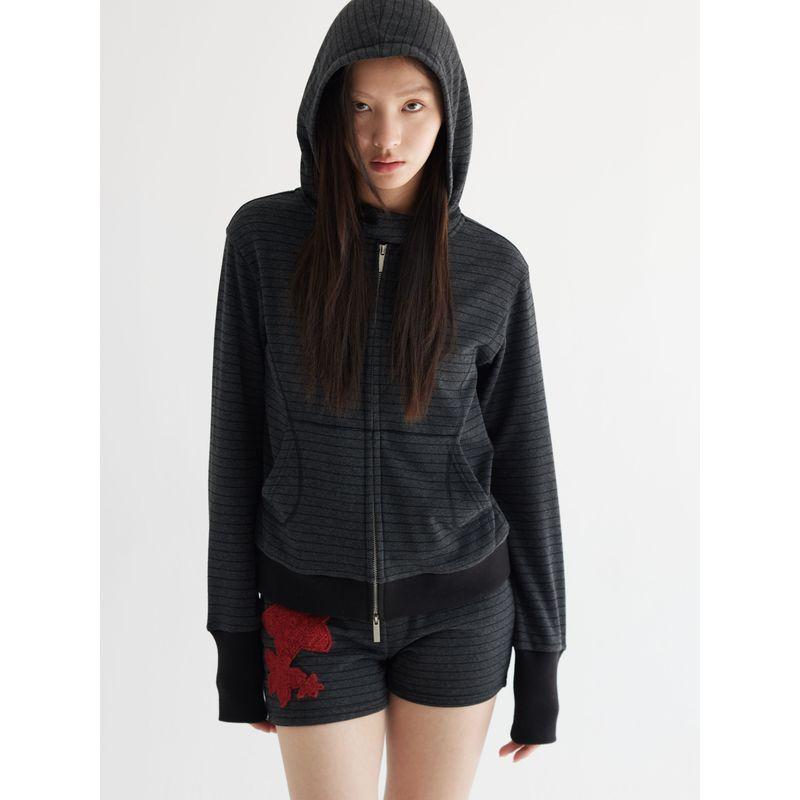 

Thelight2025 Весенне-летняя тонкая кардиган-худи для женщин в полоску, верхняя одежда приталенного кроя для отдыха, кондиционирование, Итун Цинь, американский стиль Dark gray L