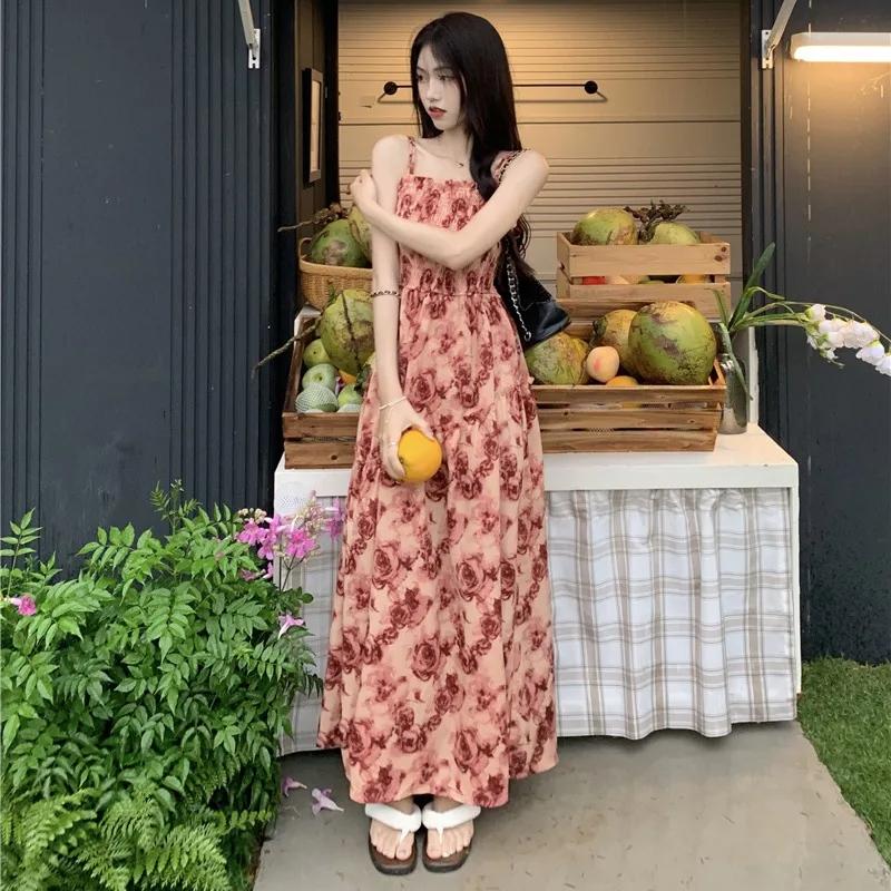 French Rose Print Lace Dress for Women Summer Autumn New Design Sense High Waist Wrapped Chic Strap Long Dresses