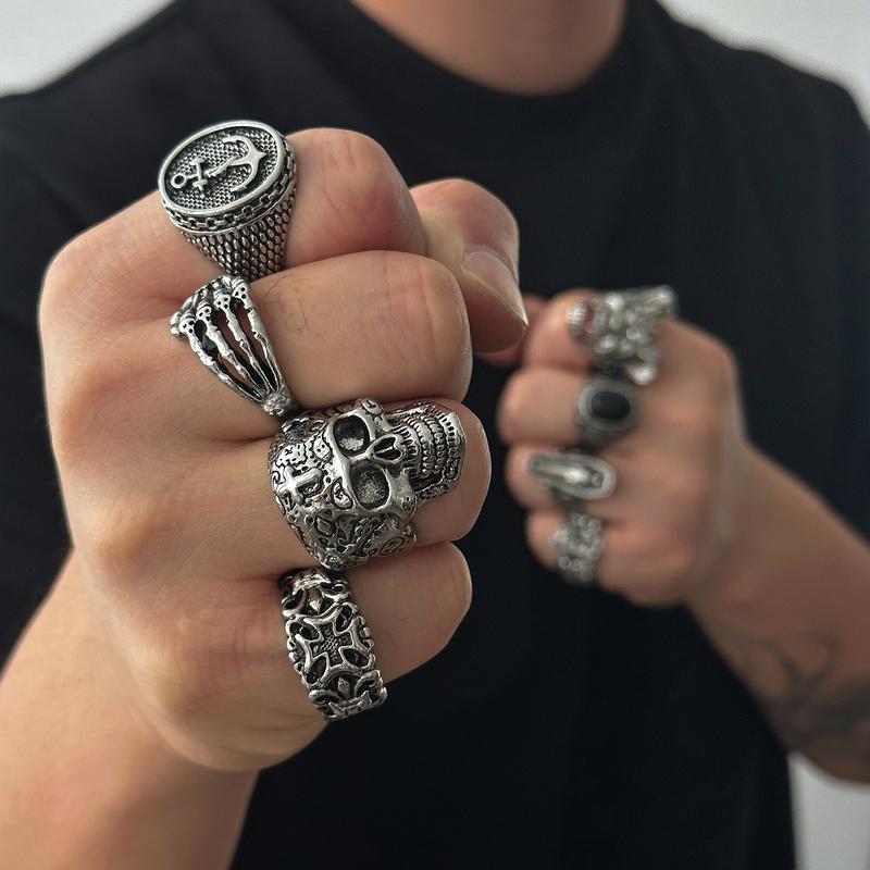 KunJoe Gothic Skull Claw Cross Ring Set for Men Vintage Silver Color Adjustable Open Rings Male Female Skeleton Spider Punk Jewelry Finger