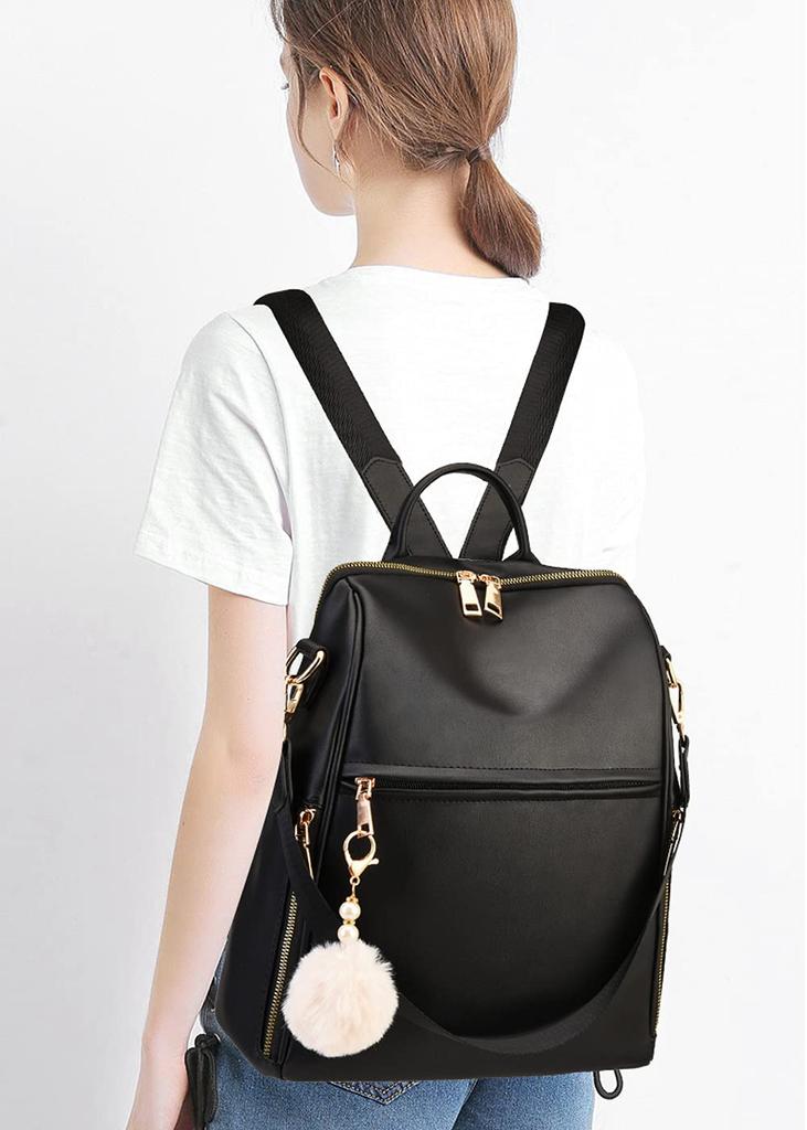 Manukori Women's Leather Backpack, Waterproof, Stylish, Large Capacity, 2-Way Shoulder Bag for Girls, Perfect for Commuting, School, or Travel, Black