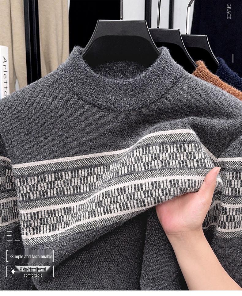 Men's Thickened Mink Wool Knit Sweater - Autumn/Winter Warm Base Layer, Round Neck.