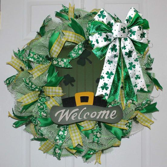 St. Patrick's Day Bow Large White Green Glitter Shamrock Bow Irish Holiday Decor Ribbon Bow Knot for Wreath Tree Topper Front Door