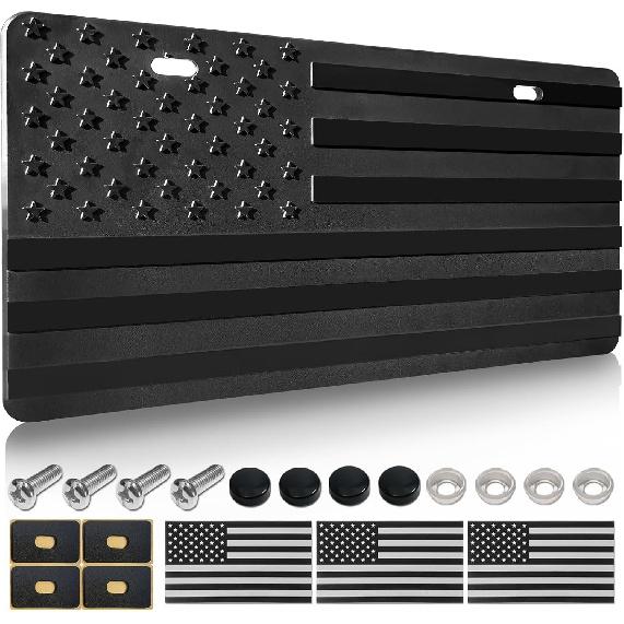 American Flag Front Bumper License Plate - Black Plastic Plates With 3D Embossed Patriotic Decor For Cars With Screws