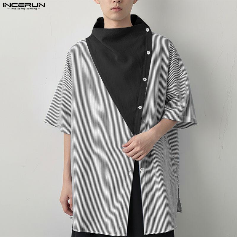 INCERUN Summer Men Stand Neck Short Sleeve Patchwork Casual Loose T-shirts Tops