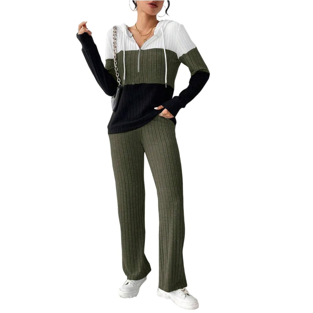 Women's Loose And Comfortable Hooded Drawstring Zipper Color Blocked Casual Fashion Top Solid Color Pants Set
