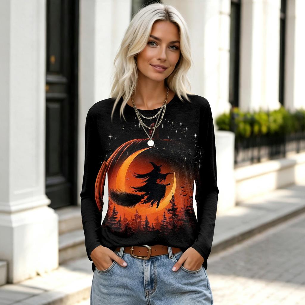 Women's Halloween Print Long Sleeve Neck Pullover T-Shirt for Fall