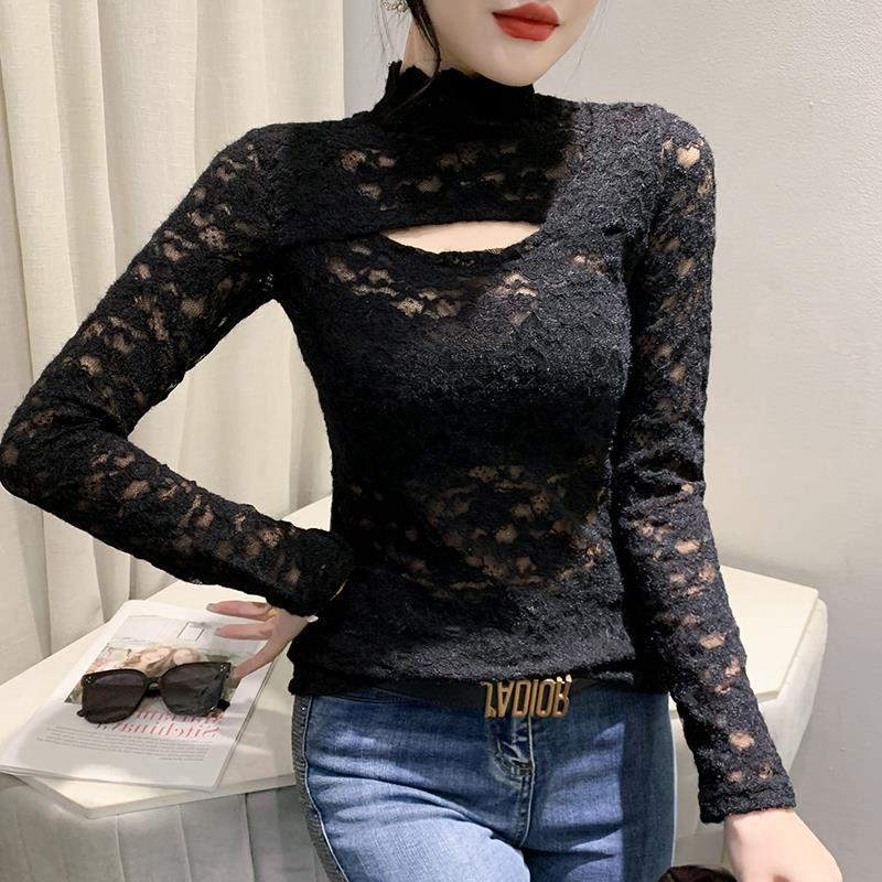 2023 Jaro Dámská Zeštíhlující Košile s Dlouhým Rukávem s Krajkovým Výřezem a Polovysokým Límcem