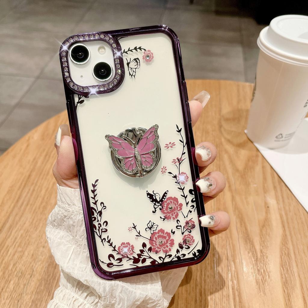 Applicable To Apple 15ProMax Phone Case, IPhone14 Electroplated Butterfly Ring Stand, Lens Flash Diamond Protective Case