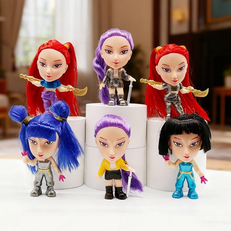 Q Version KPop Demon Hunters4.5 Inch Anime Cartoon Rumi Mira Zoi Character Bobby Real Hair Doll PVC Model Car Collection Gift