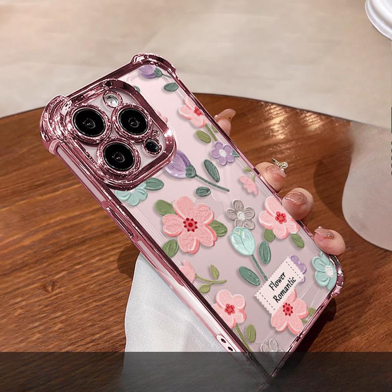 Ins Oil Painting Flowers Suitable for Apple 16e Mobile Phone Case Iphone15promax Electroplating 14 Anti-fall 13 High-end Sense