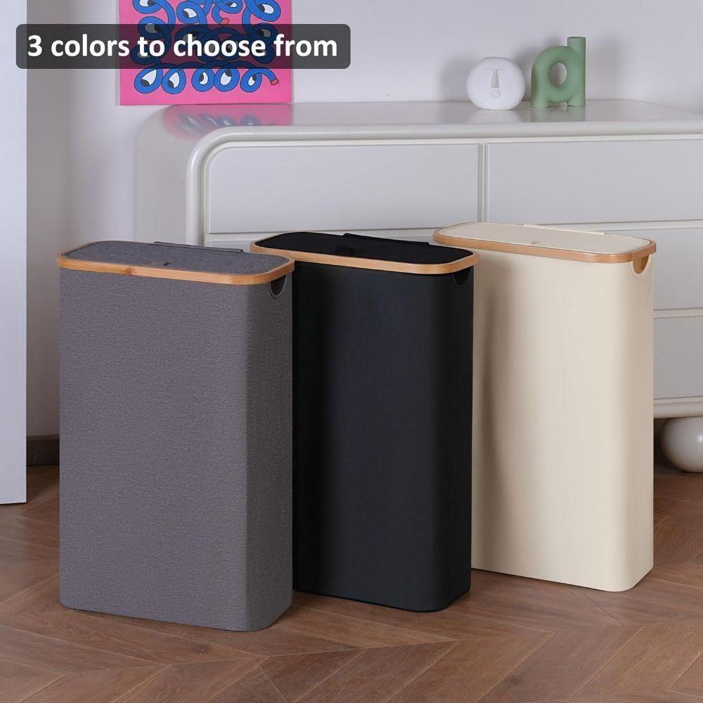 Collapsible Slim Laundry Hamper with Lid Bamboo Handles Removable Inner Bag Clothes Basket Bin Lightweight Foldable