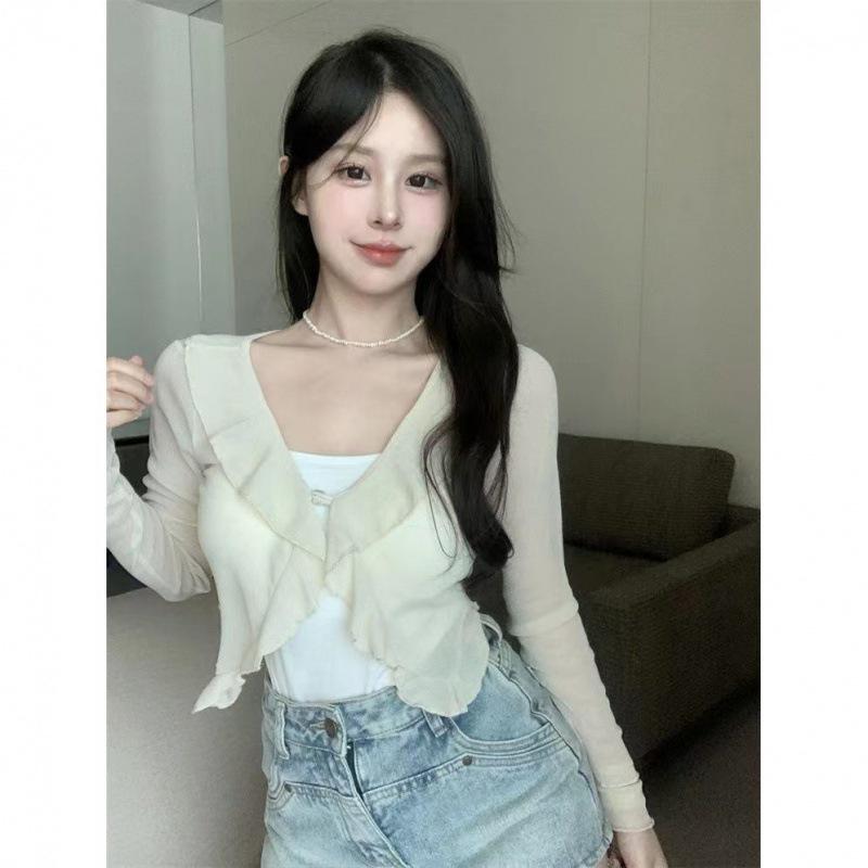 

Silver Thread Chic Women s Summer Sun Protection Jacket - Thin Ruffle Cardigan Shawl XXS Under 30 jin (Children s Size) абрикосовый