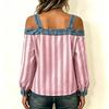 Damen Schulterfreies T-Shirt Langarm Lockerer Schnitt Lässig Vertikaler Streifen Tee Top