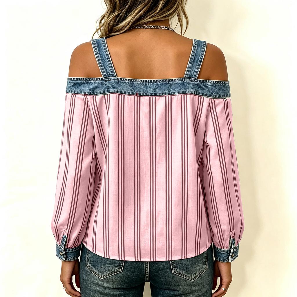 Damen Schulterfreies T-Shirt Langarm Lockerer Schnitt Lässig Vertikaler Streifen Tee Top