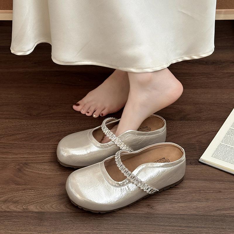 Retro rhinestone word with bag head half slippers women's summer fashion versatile leather shoe buckle with skirt cool slippers
