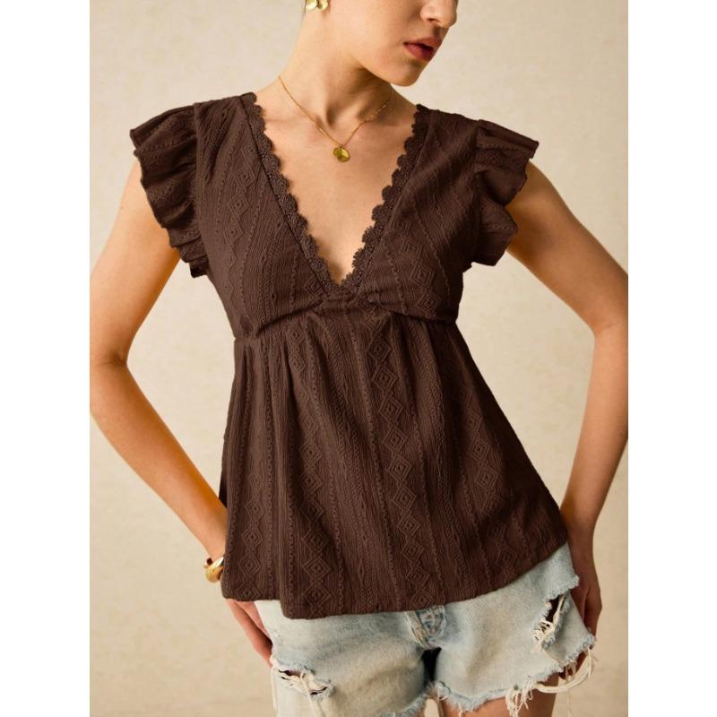 V Neck Lace Short Sleeve Hollow Out Sweet Blouse Women Fashion Summer Solid Color Shirts Ladies Loose Slim Fit Tops Elegant Clothing