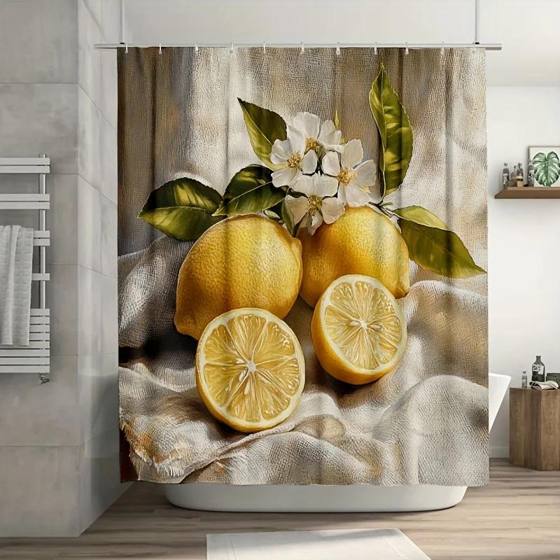 

Lemon Branch Curtain - Floral Citrus Design, Polyester, Machine Washable, Bath Decor W60H190(CM)-1 Pcs