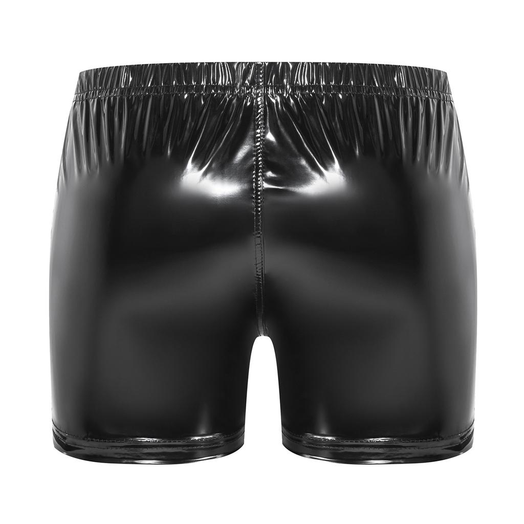 Herren Lackleder Boxershorts S-3XL: Elastischer Bund mit Reißverschluss und Knopf, zu öffnender Schritt für schicke Nachtwäsche