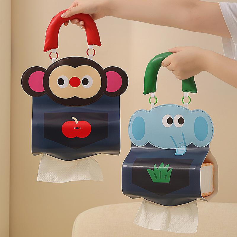 Cute Cartoon Monkey Car Tissue Holder PU Leather Hanging Tissue Box for Girls Auto Napkin Organizer